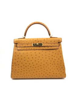 Hermes Kelly 32 Natural Camel Ostrich Gold Hardware With All Plastic
