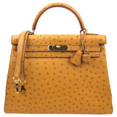 Hermes Kelly 32 Natural Camel Ostrich Gold Hardware With All Plastic