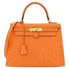  HERMES Kelly 32 Orange Exotic Ostrich Gold Top Handle Shoulder Tote Bag