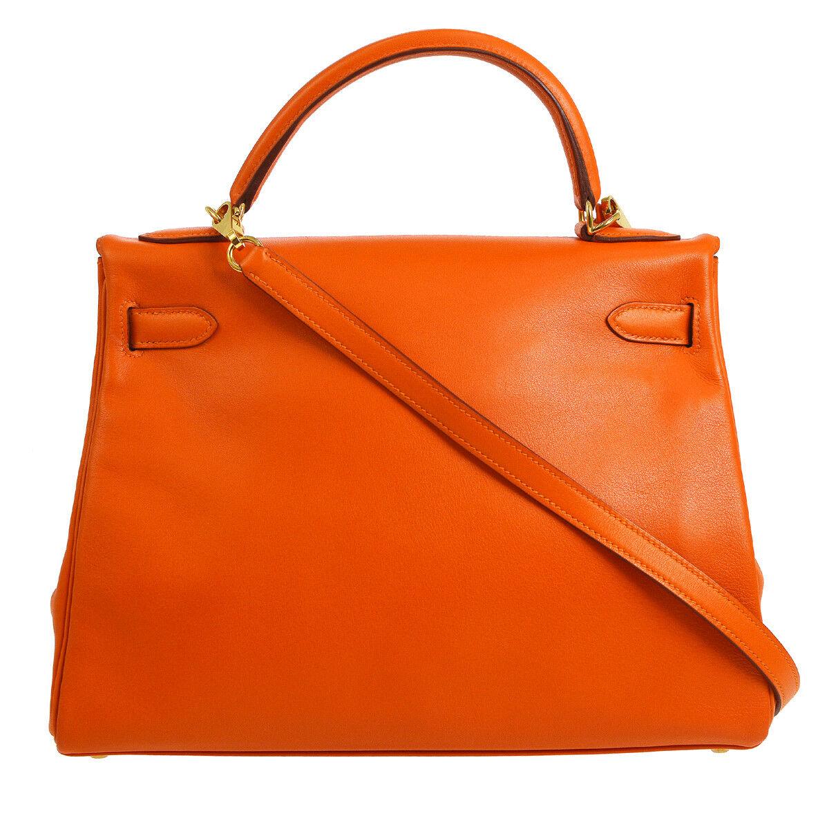 Women's Hermes Kelly 32 Orange Leather Gold Top Handle Satchel Evening Kelly Bag