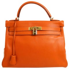 Hermes Kelly 32 Orange Leather Gold Top Handle Satchel Evening Kelly Bag