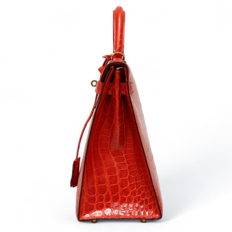 Red Hermes Kelly 32 Orange Niloticus Crocodile For Sale