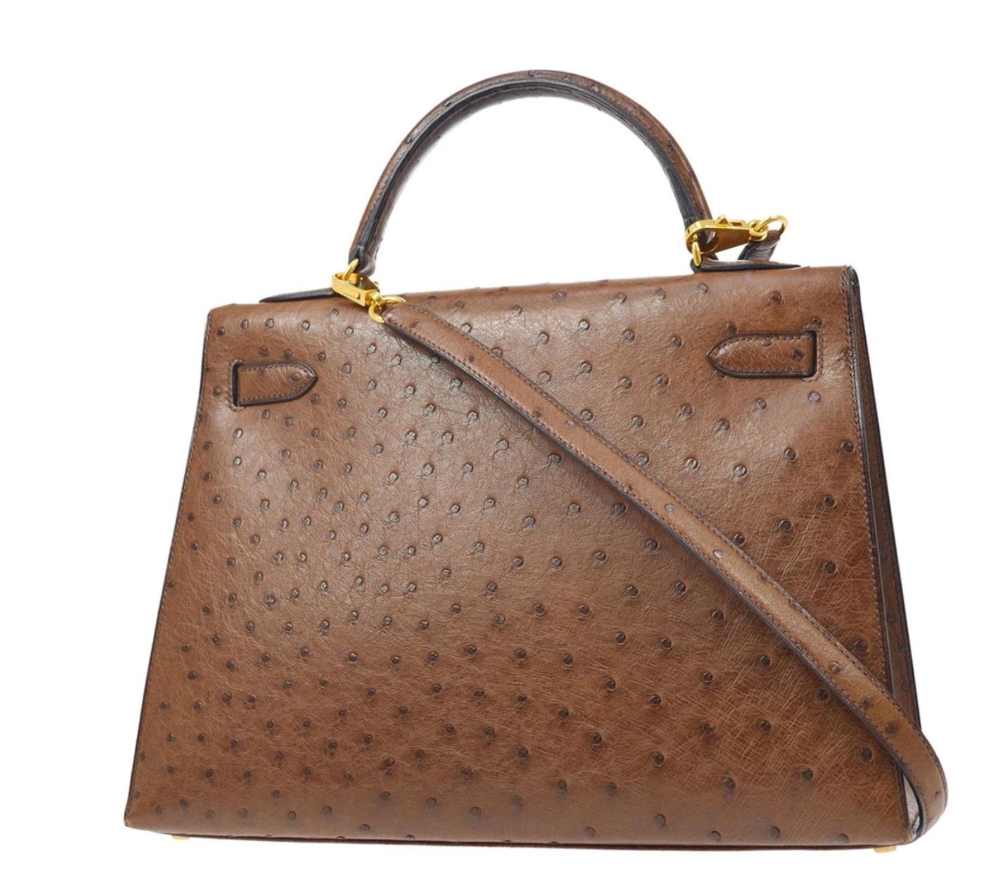 Hermes Kelly 32 Ostrich Exotic Brown Gold Top Handle Satchel Shoulder Bag  In Good Condition In Chicago, IL