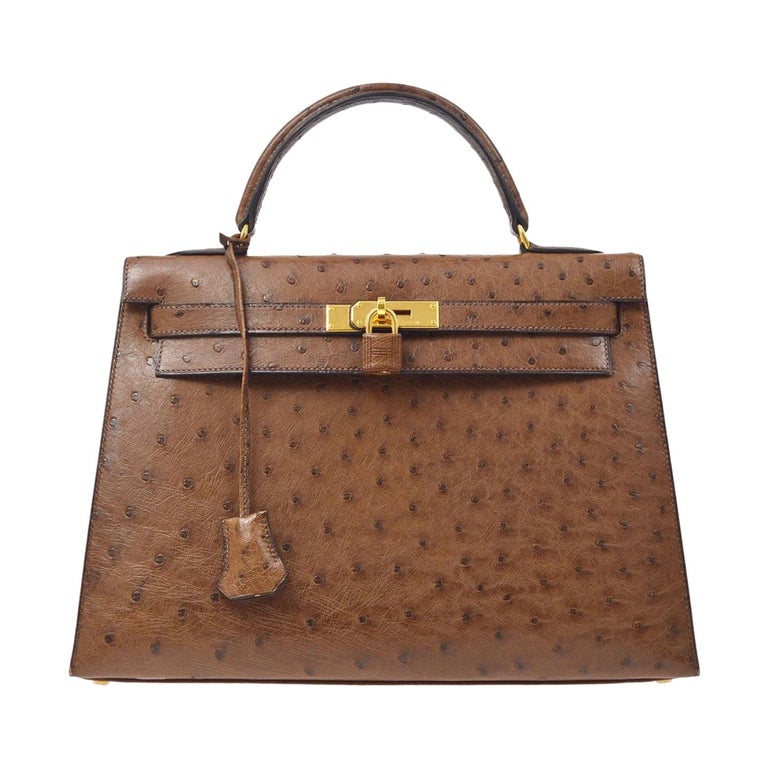 Hermes Kelly 32 Ostrich Exotic Brown Gold Top Handle Satchel Shoulder