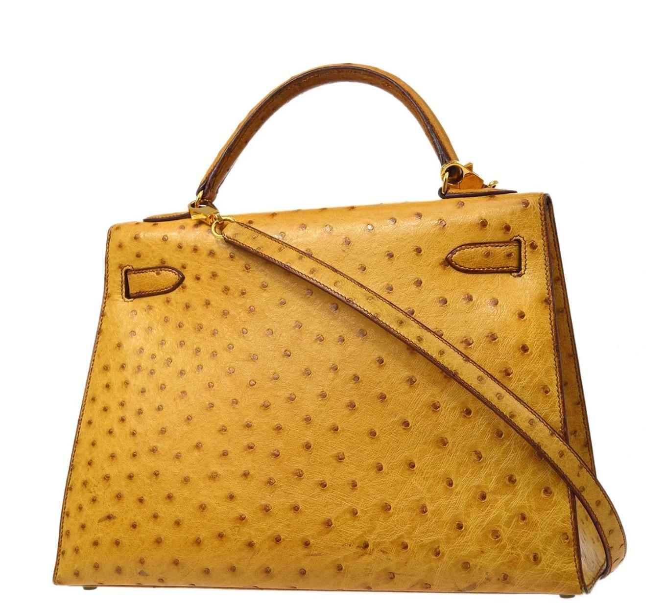 Orange Hermes Kelly 32 Ostrich Exotic Yellow Gold Top Handle Satchel Shoulder Bag 