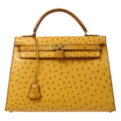 Hermes Kelly 32 Ostrich Exotic Yellow Gold Top Handle Satchel Shoulder Bag