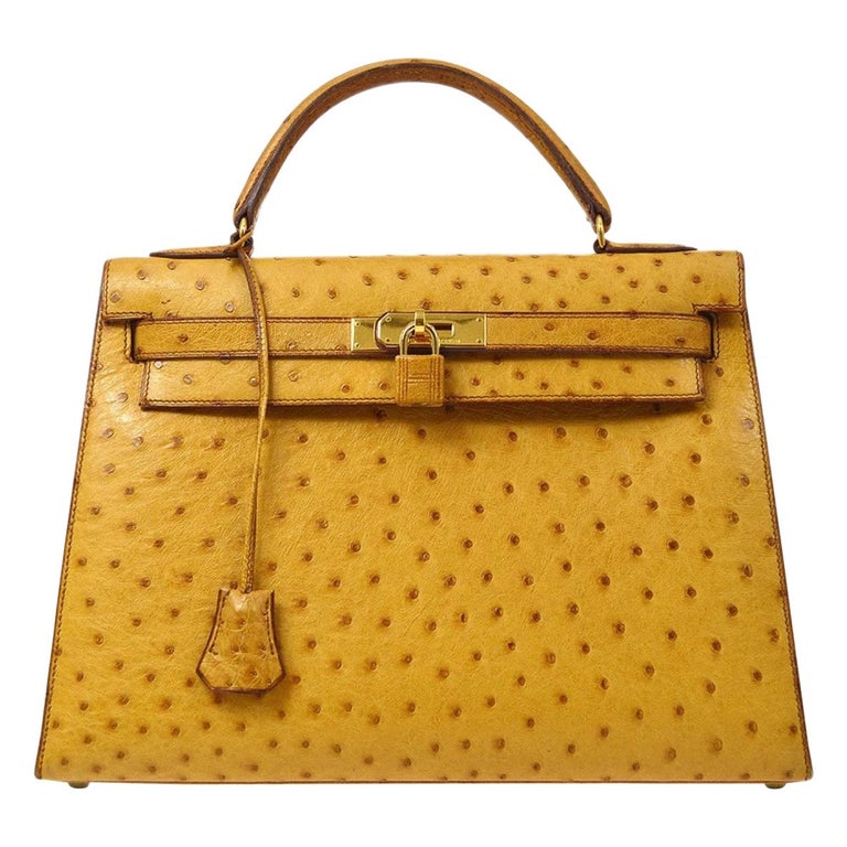 Hermes Kelly 32 Ostrich Exotic Yellow Gold Top Handle Satchel Shoulder