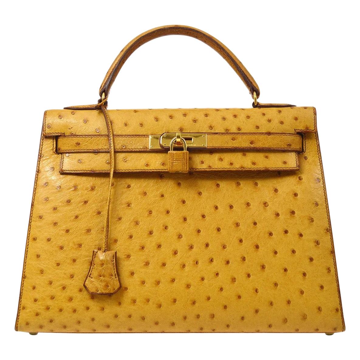 Hermes Kelly 32 Ostrich Exotic Yellow Gold Top Handle Satchel Shoulder Bag 