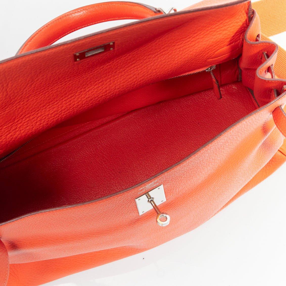 HERMES Kelly 32 PHW orange togo leather silver buckle top handle shoulder bag 6