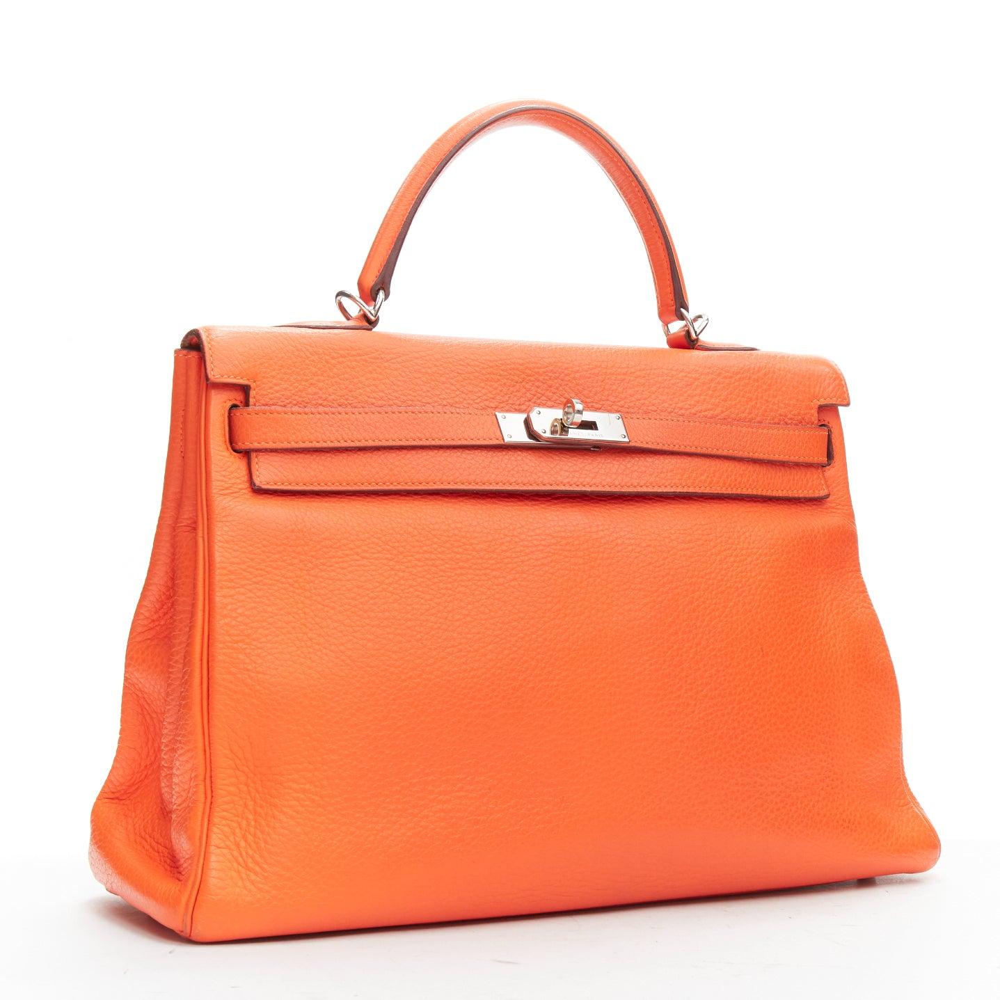 HERMES Kelly 32 PHW orange togo leather silver buckle top handle shoulder bag In Good Condition In Hong Kong, NT