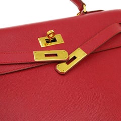 Hermes Kelly 32 Red Leather Gold Top Handle Satchel Shoulder Tote Bag