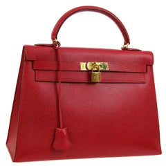 Hermes Kelly 32 Red Leather Gold Top Handle Satchel Shoulder Tote Bag 