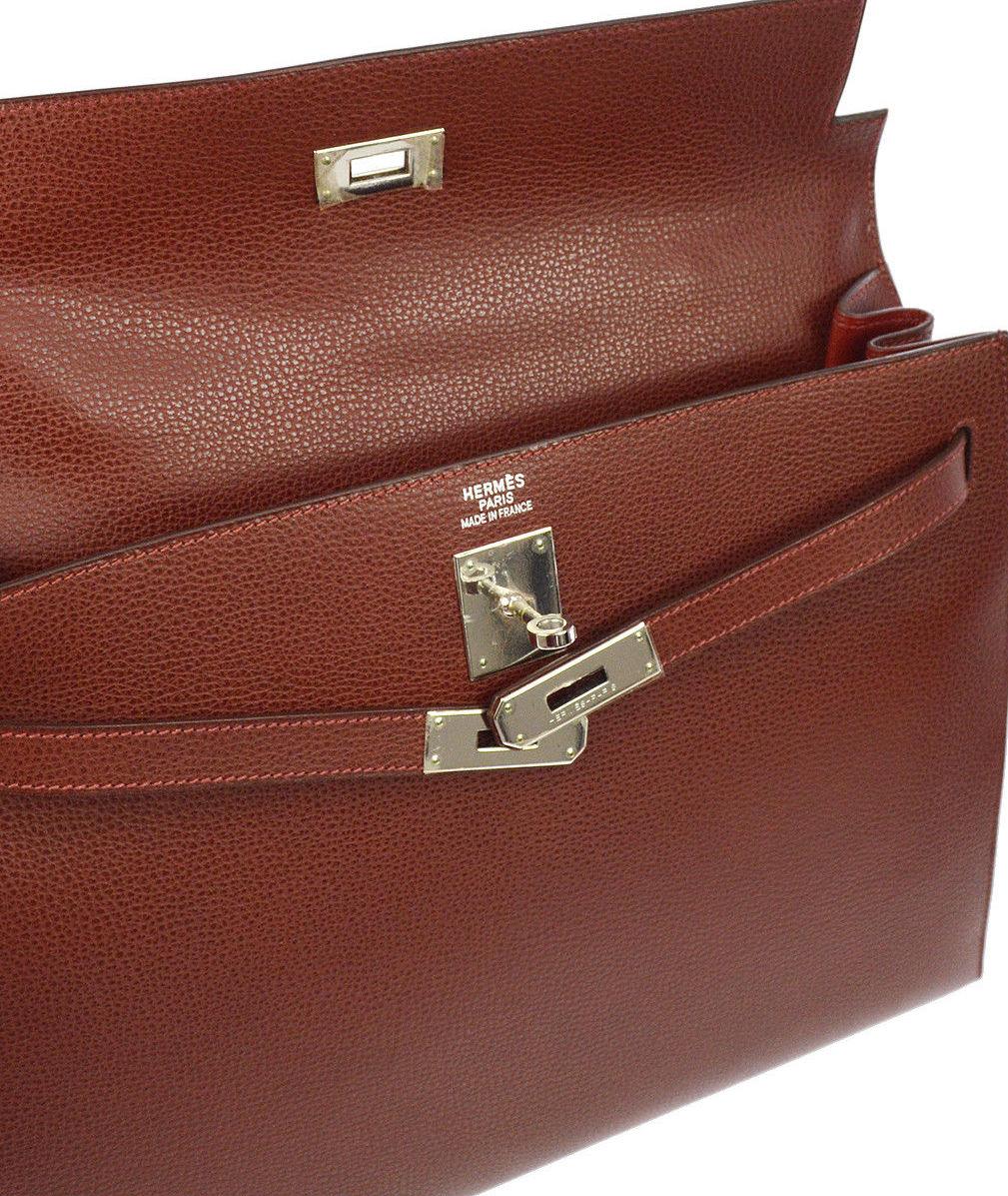 Brown Hermes Kelly 35 Red Leather Palladium Top Handle Satchel Shoulder Bag in Box