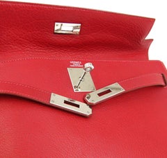 Hermes Kelly 32 Red Palladium Leather Top Handle Satchel Shoulder Tote Bag