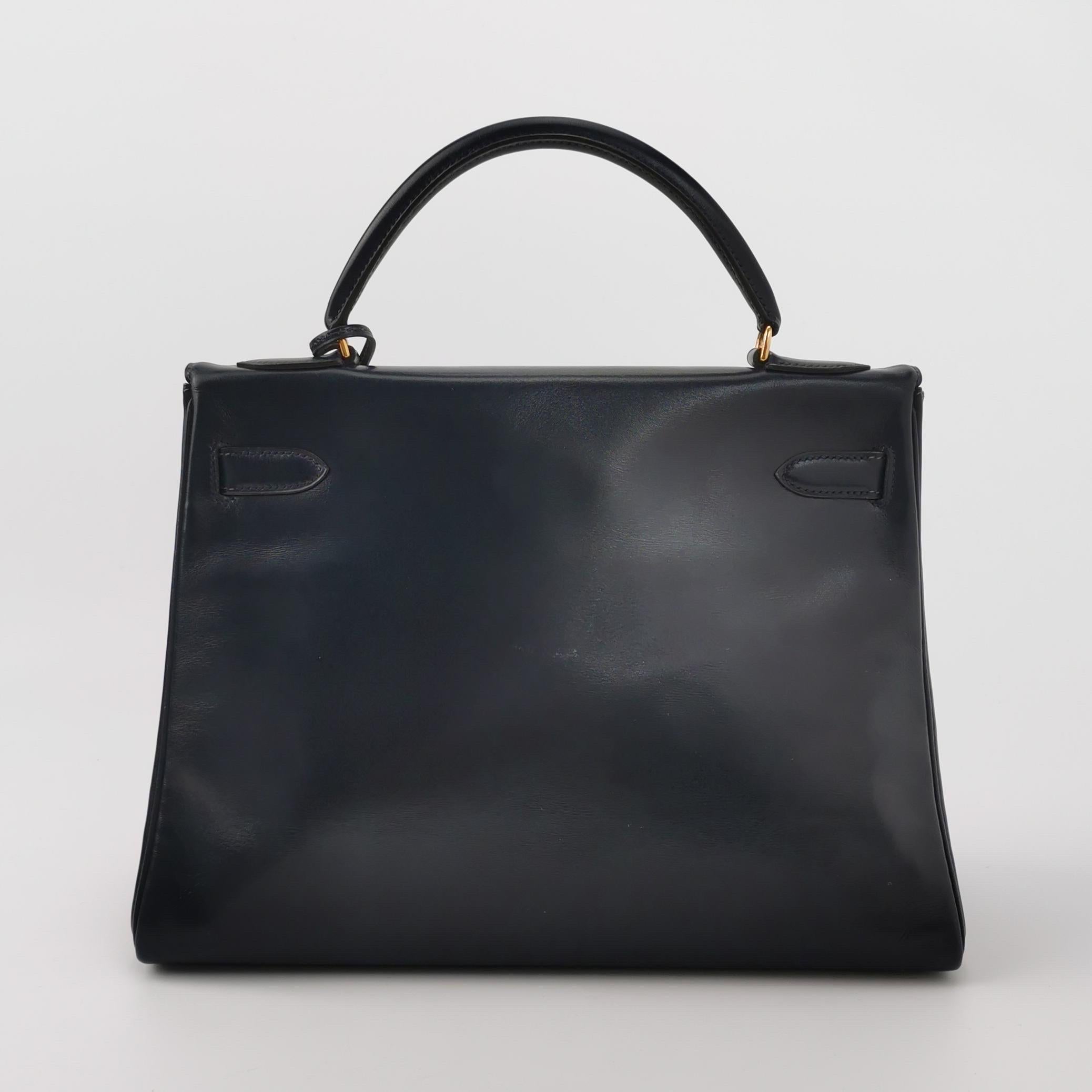 Black Hermes Kelly 32 Retourne 78 Blue Marine Navy Box Leather Gold HW 1980