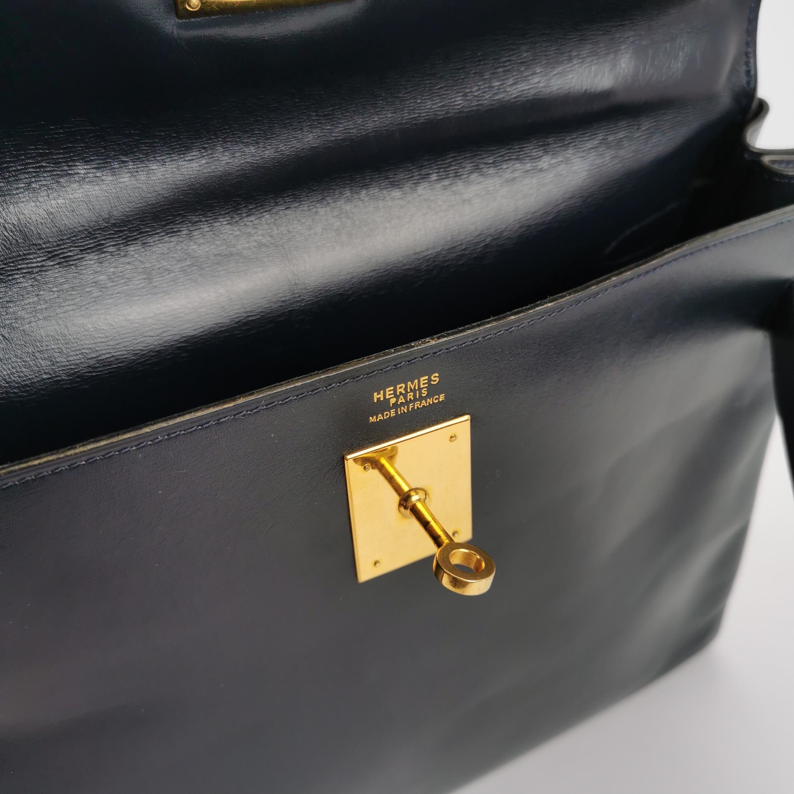Hermes Kelly 32 Retourne 78 Blue Marine Navy Box Leather Gold HW 1980 1