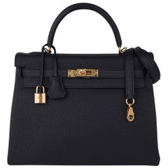 Hermes Kelly 32 Retourne Bag Black Gold Hardware Togo Leather