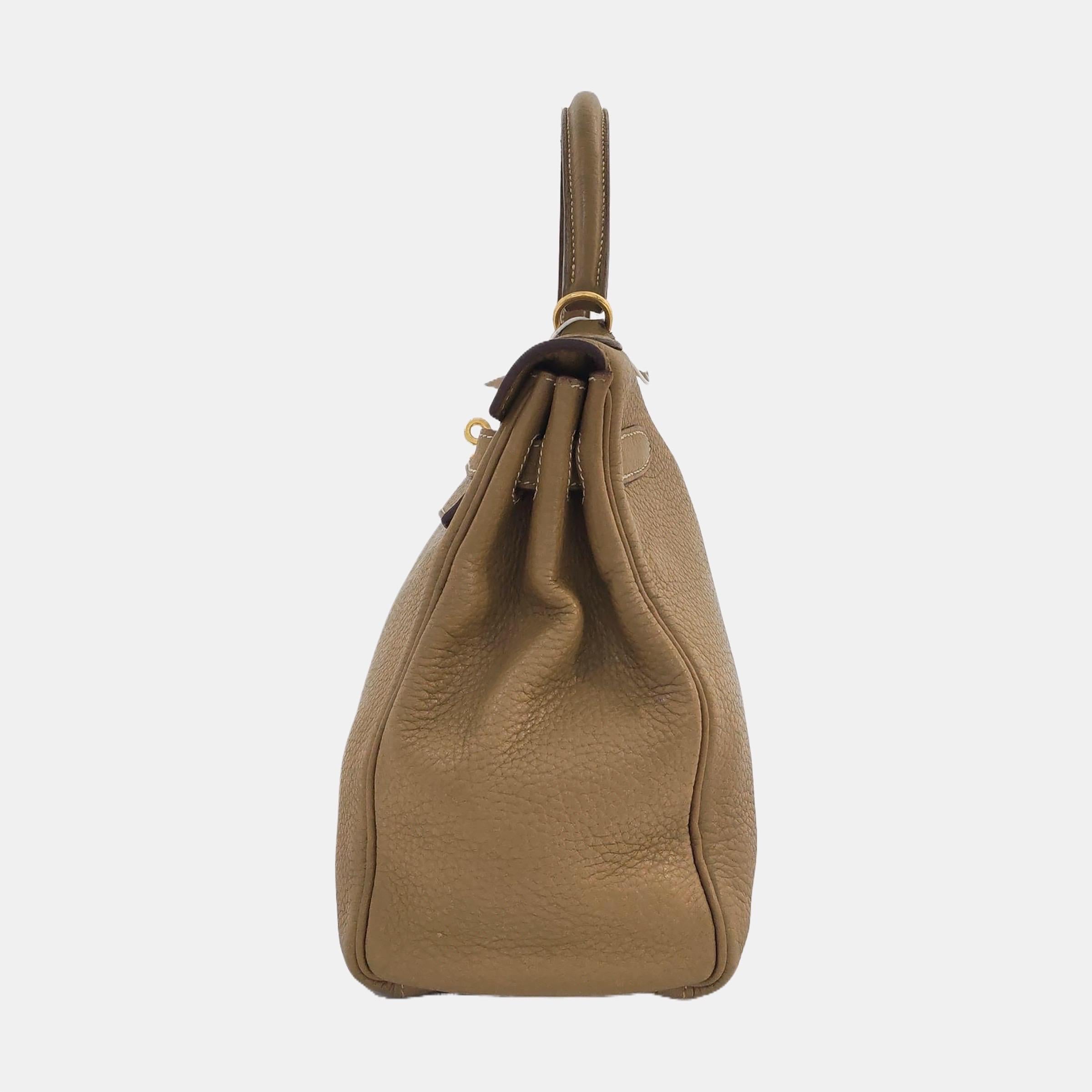 Hermes Kelly 32 Retourne Biscuit Brown Clemence Leather Gold HW Double Ring Pour femmes en vente