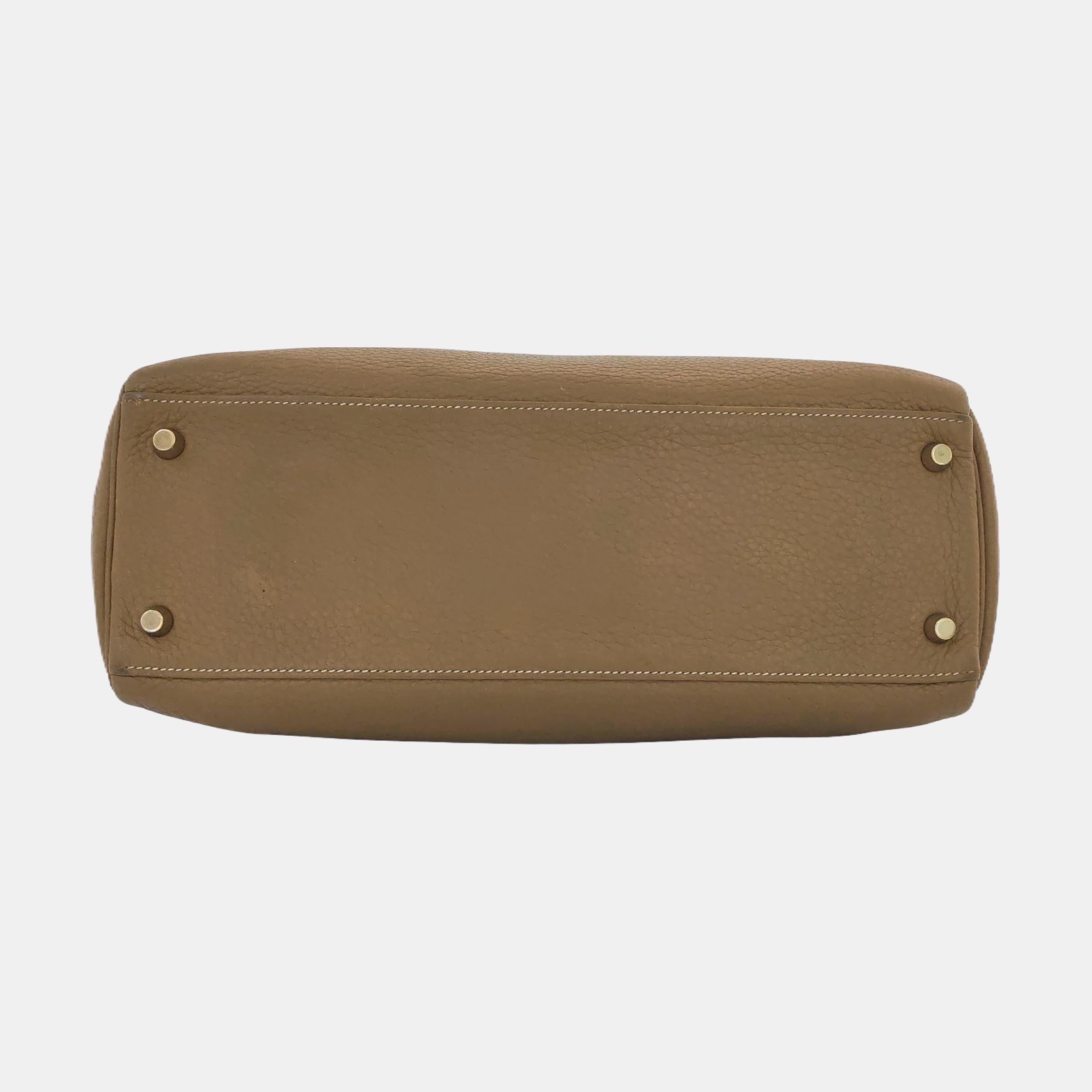 Hermes Kelly 32 Retourne Biscuit Brown Clemence Leather Gold HW Double Ring en vente 1