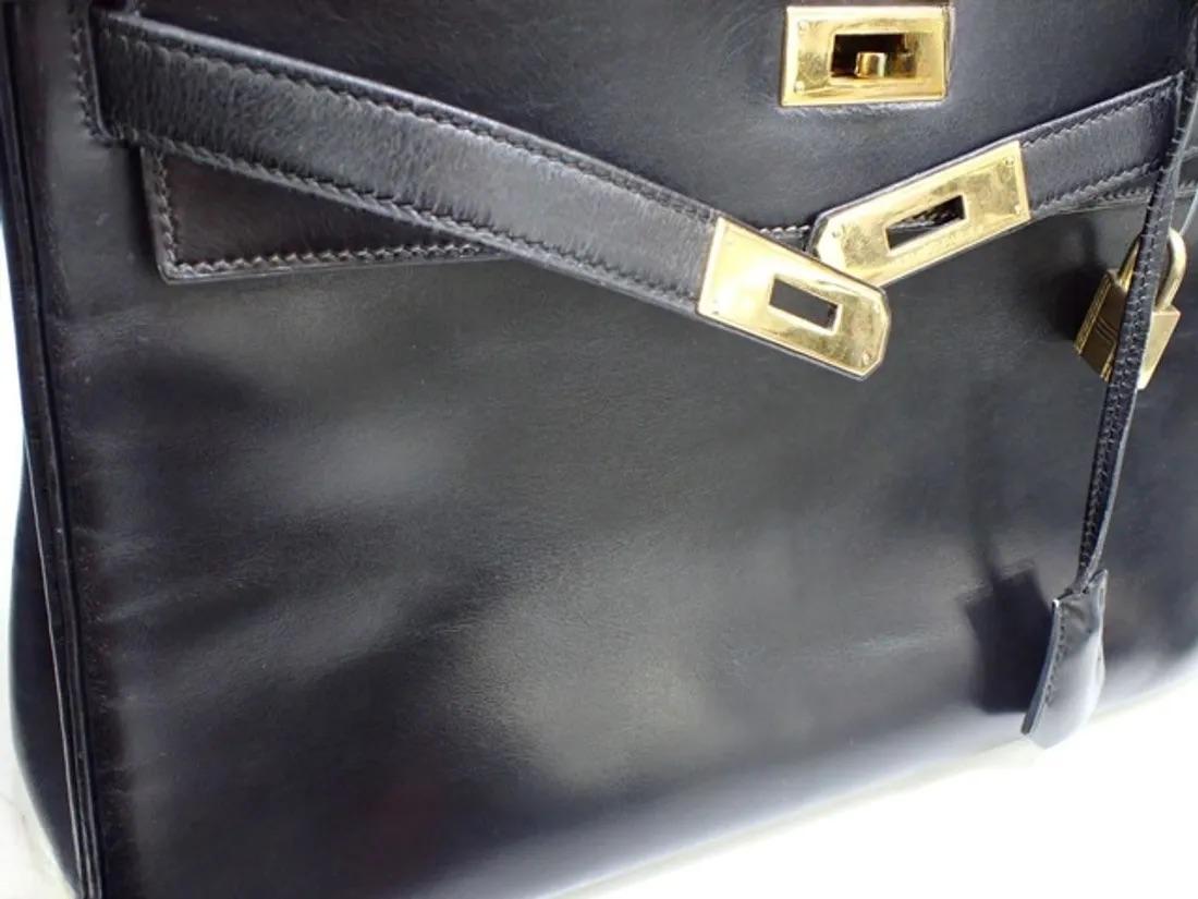 Hermes Kelly 32 Retourne Caja Negra Piel Oro HW 1987 en venta 5