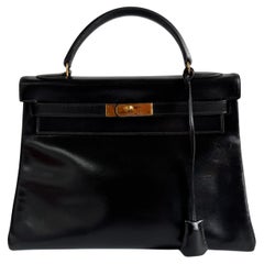 Hermes Kelly 32 Retourne Black Box Leather Gold HW 1987