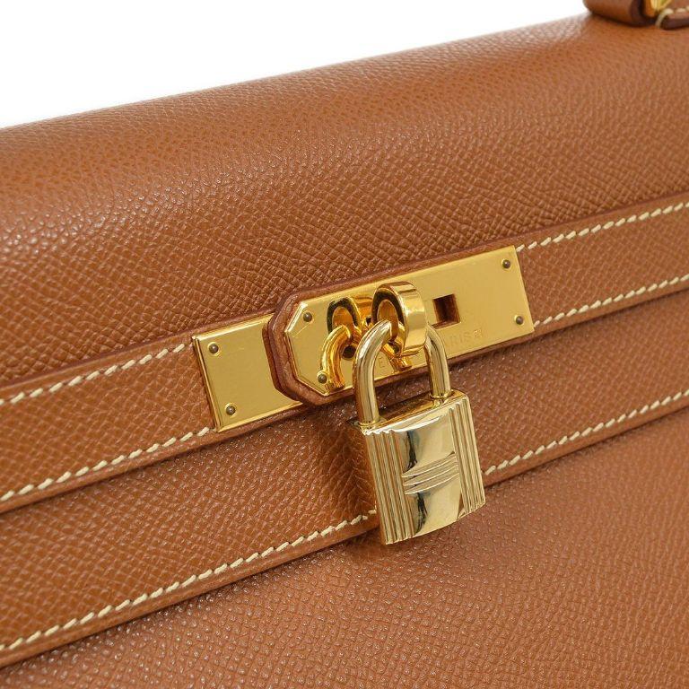 HERMES Kelly 32 Retourne Cognac Tan Leather Gold Top Handle Satchel Shoulder Bag In Good Condition In Chicago, IL