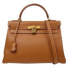 HERMES Kelly 32 Retourne Cognac Tan Leather Gold Top Handle Satchel Shoulder Bag
