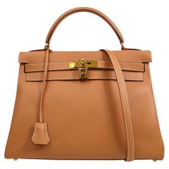 HERMES Kelly 32 Retourne Cognac Tan Leather Gold Top Handle Satchel Handbag