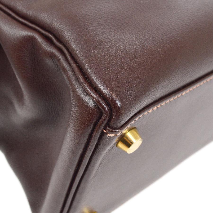 Black HERMES Kelly 32 Retourne Dark Chocolate Brown Terre Gulliver Gold Top Handle Bag