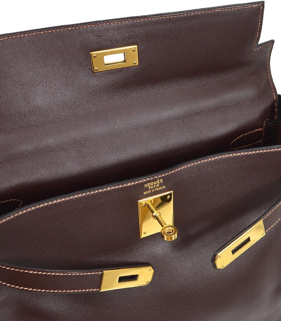 Women's HERMES Kelly 32 Retourne Dark Chocolate Brown Terre Gulliver Gold Top Handle Bag