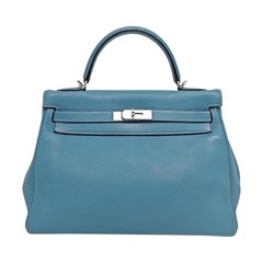 Hermes Kelly 32 Retourne Double Ring Blue Jeans Evercolor Leather Palladium HW