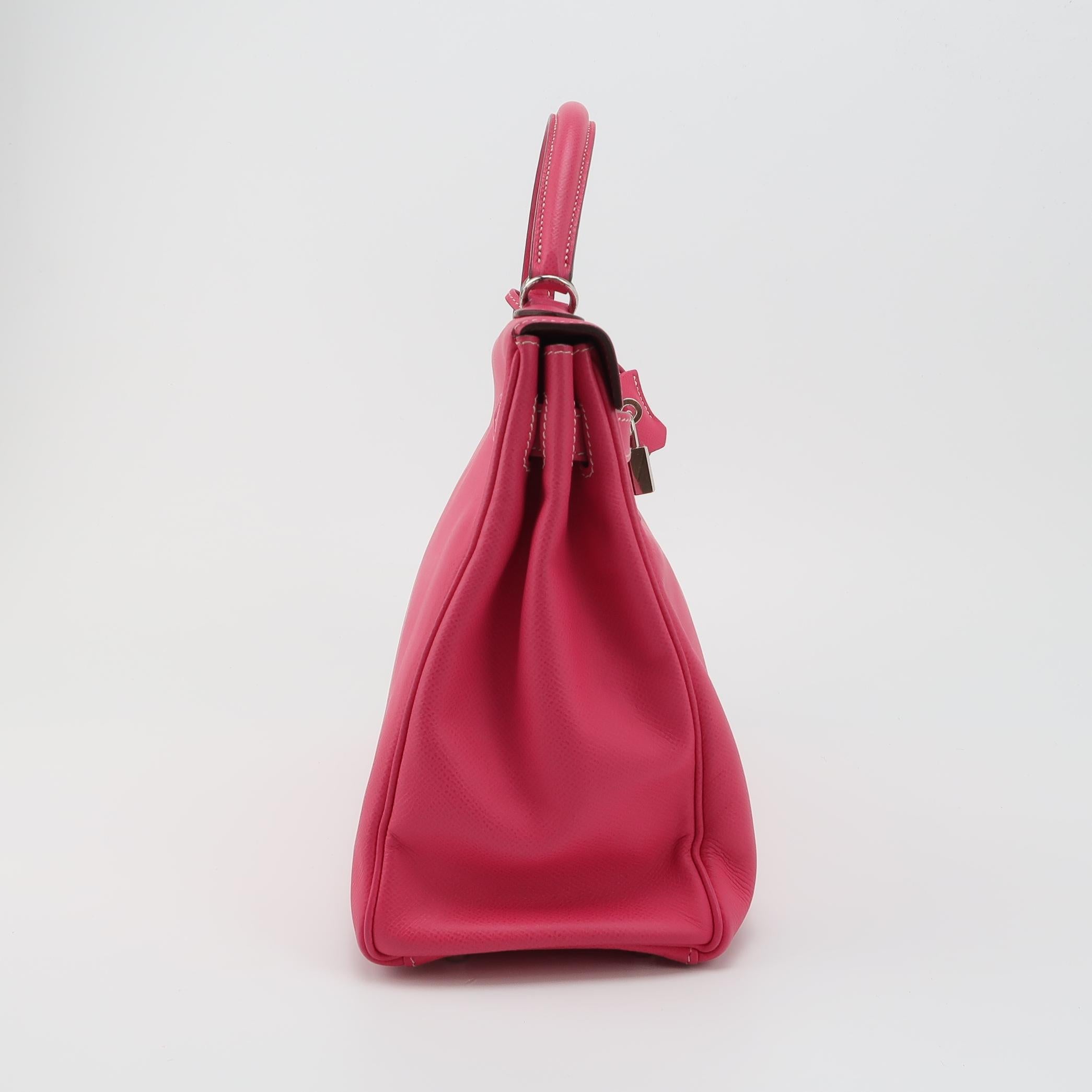 Hermes Kelly 32 Retourne E5 Rose Tyrien Pink Epsom Leather Palladium Hardware 20 In Good Condition In AUBERVILLIERS, FR