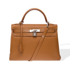Hermès Kelly 32 retourné handbag strap in Camel (Gold) Togo calf leather, PHW
