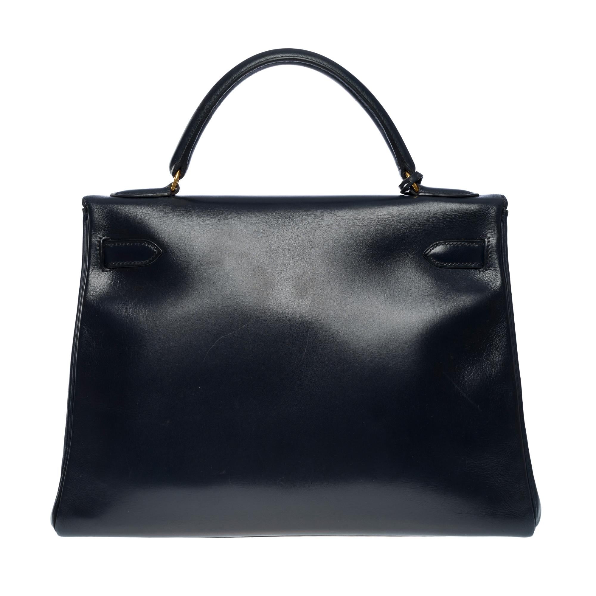 Hermès Kelly 32 retourne handbag strap in Navy Blue box calfskin leather, GHW In Good Condition In Paris, IDF