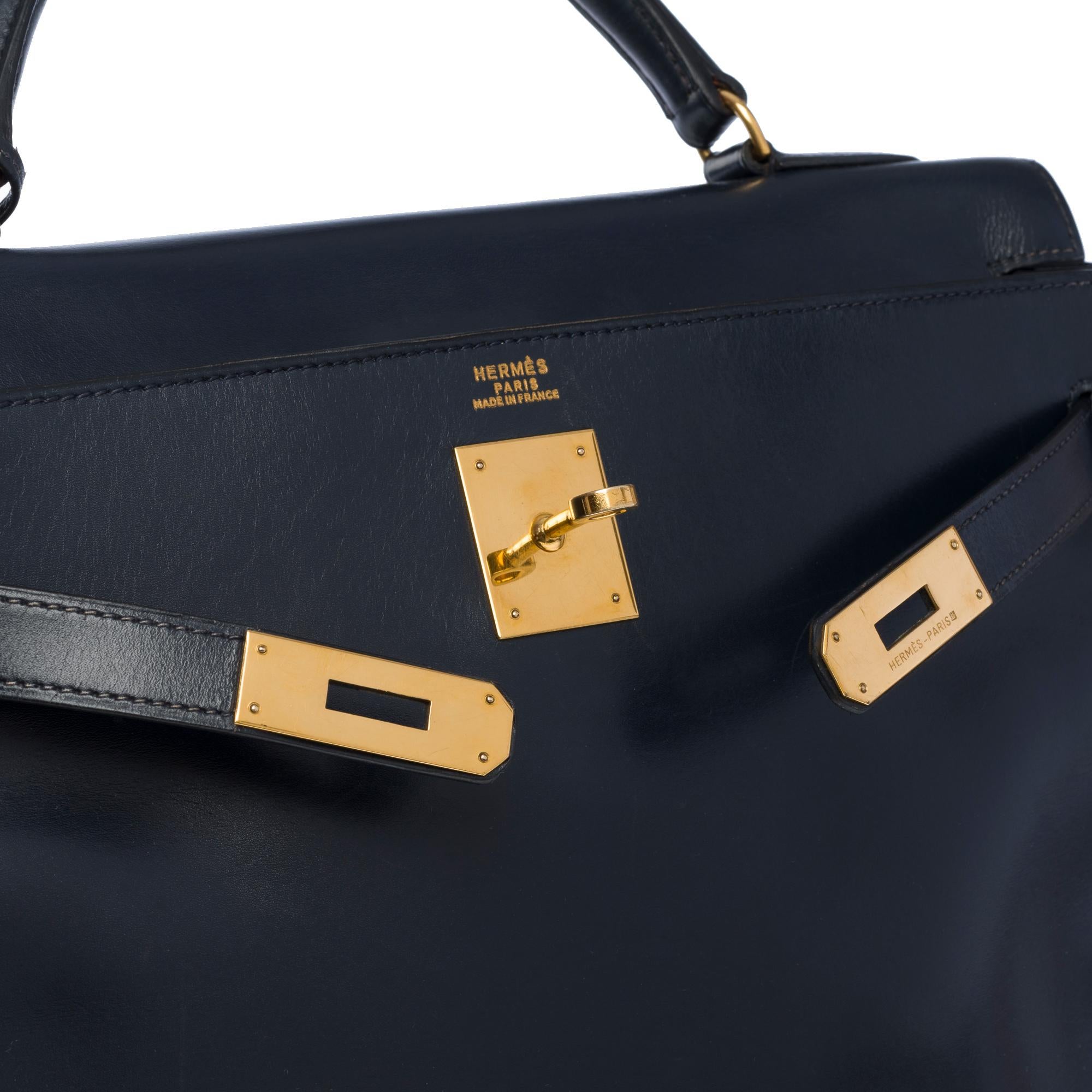Hermès Kelly 32 retourne handbag strap in Navy Blue box calfskin leather, GHW 2