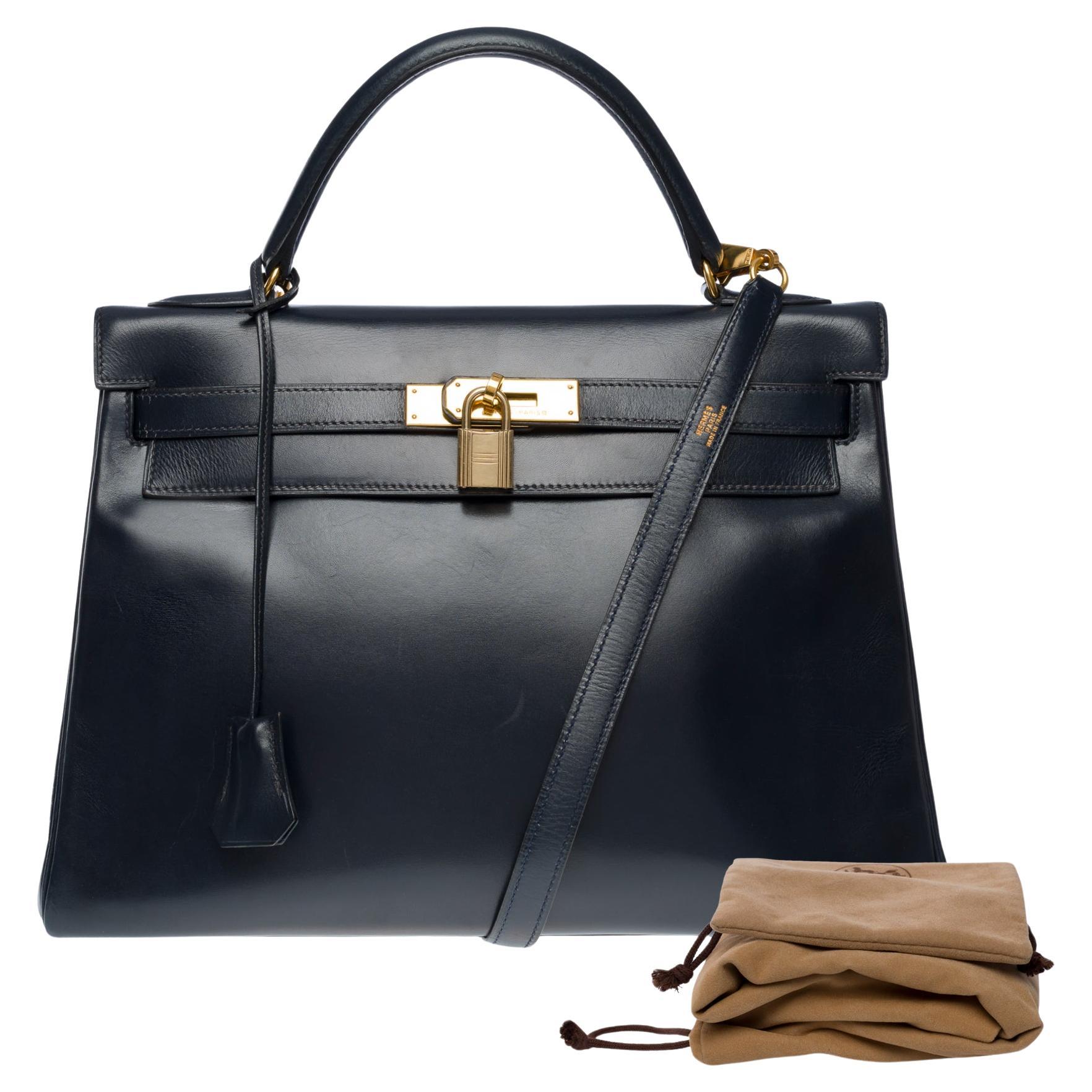 Hermès Kelly 32 retourne handbag strap in Navy Blue box calfskin leather, GHW