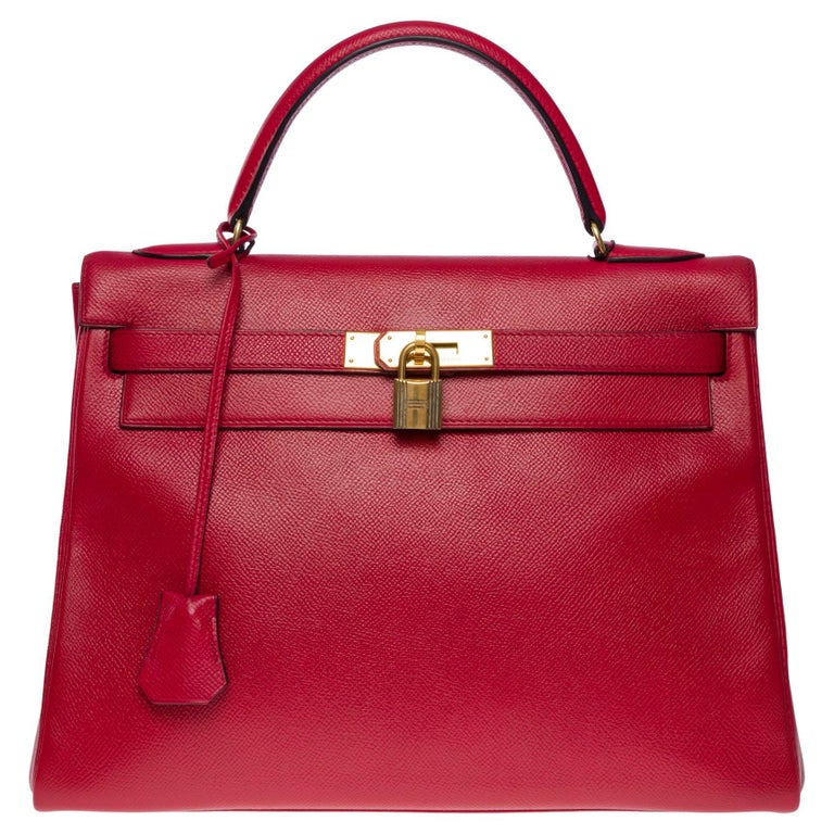 Hermès Kelly 32 retourne handbag strap in Red Courchevel leather, GHW ...