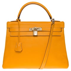 Tracolla per borsa Hermès Kelly 32 retourne in pelle Courchevel Epsom gialla, GHW
