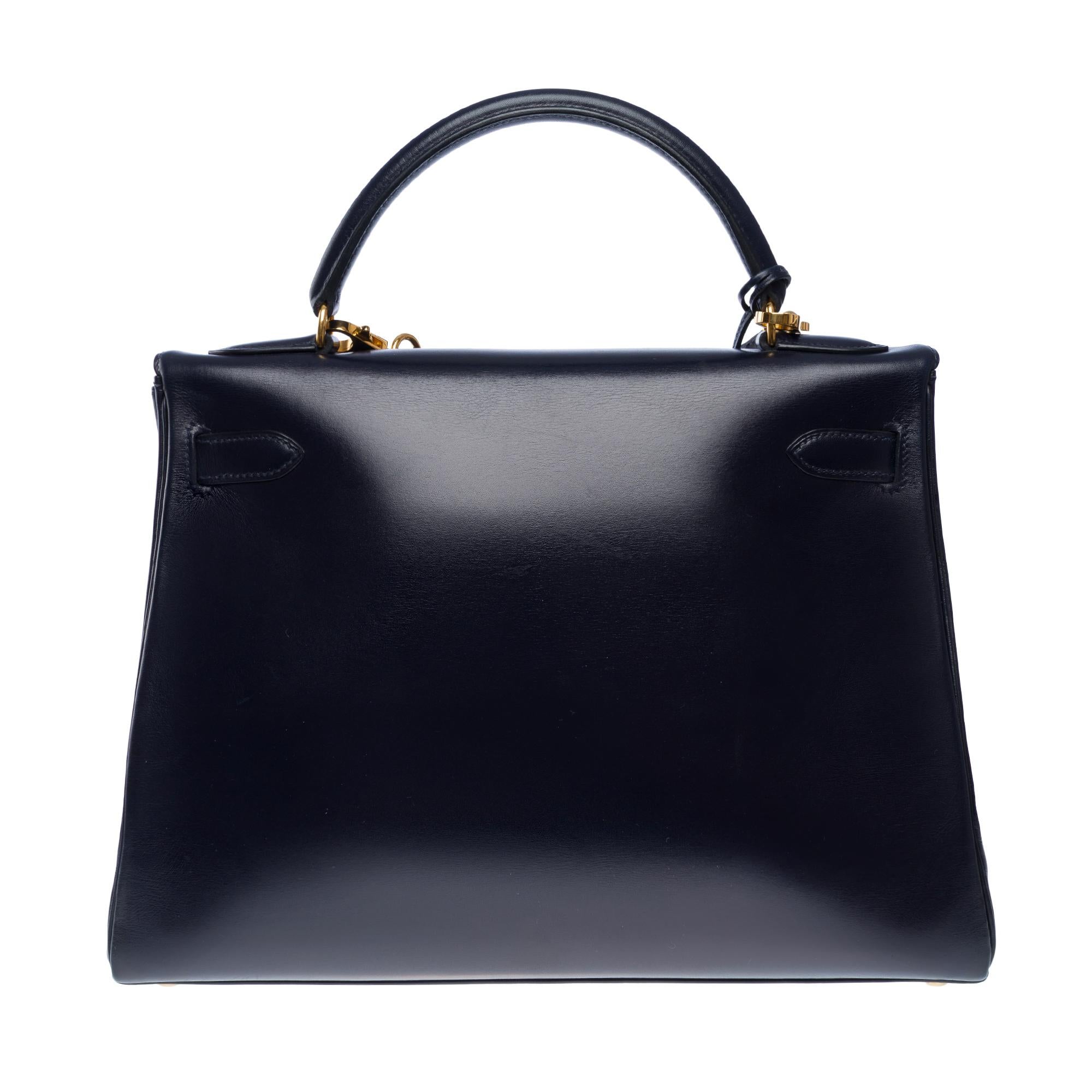 Black Hermès Kelly 32 retourné handbag strap in Navy blue calf leather, GHW