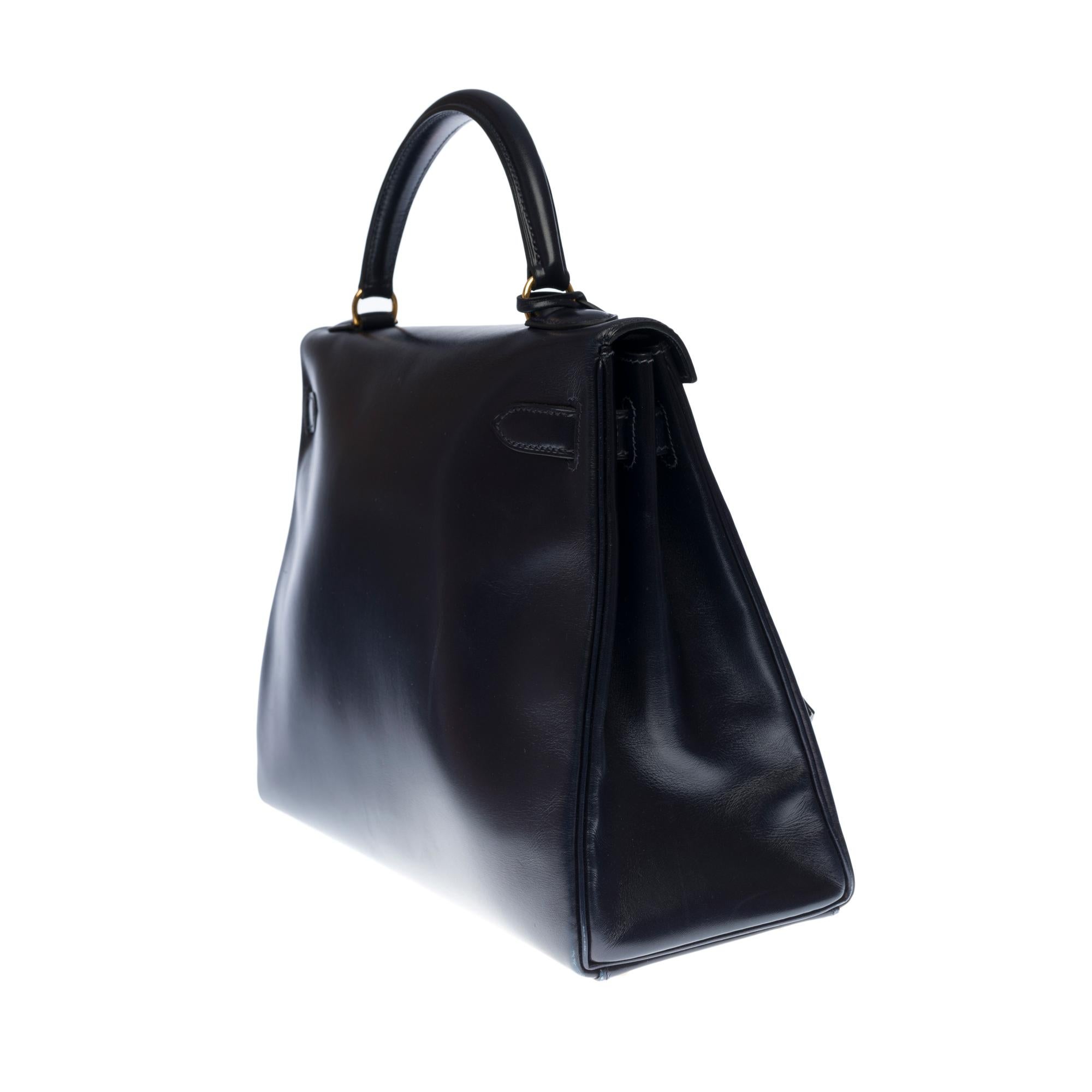 Black Hermès Kelly 32 retourné handbag with strap in Navy blue calf leather, GHW