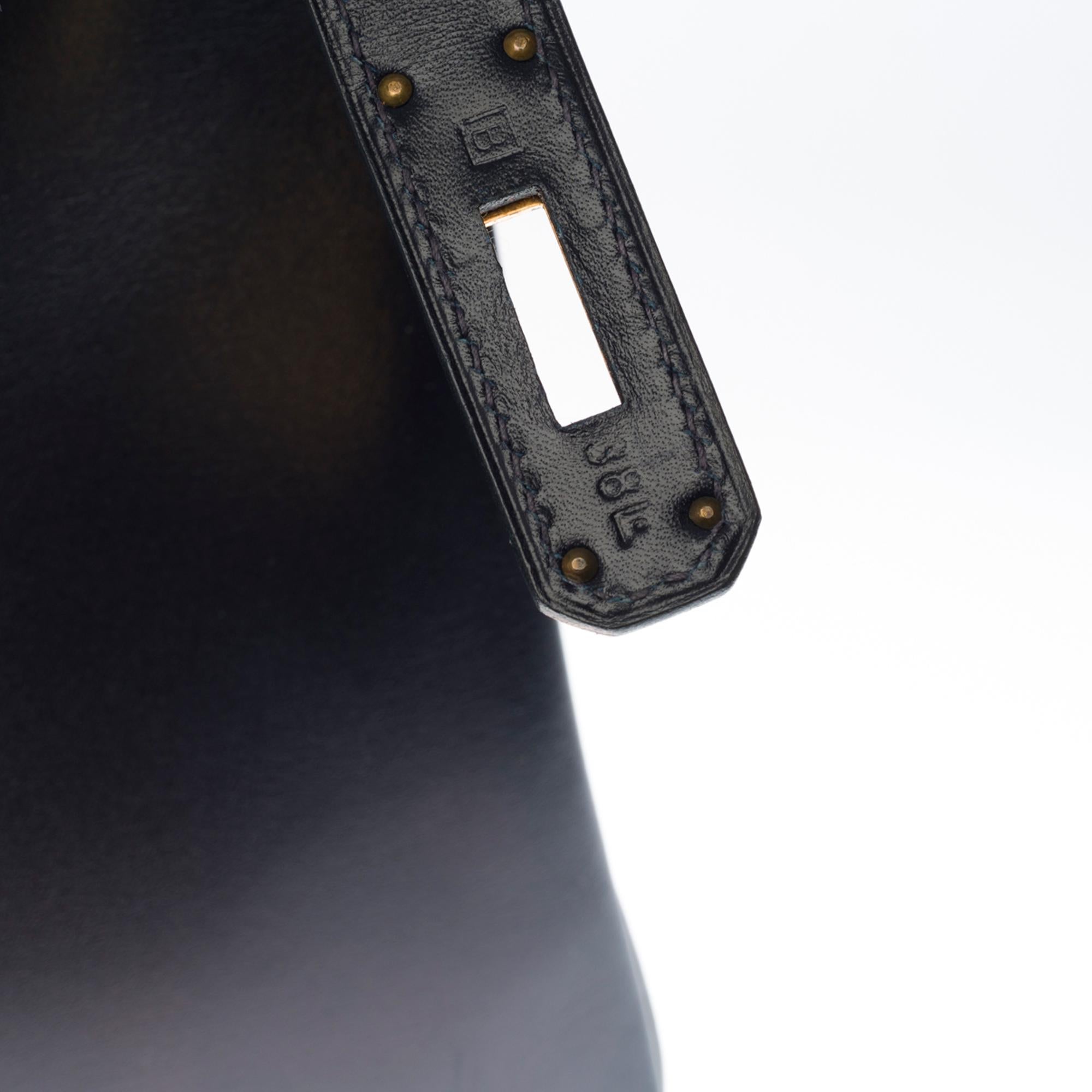 Black Hermès Kelly 32 retourné handbag with strap in Navy blue calf leather, GHW For Sale