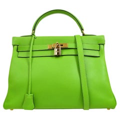 Vintage HERMES Kelly 32 Retourne Leather Lime Green Gold Top Handle Shoulder Tote Bag