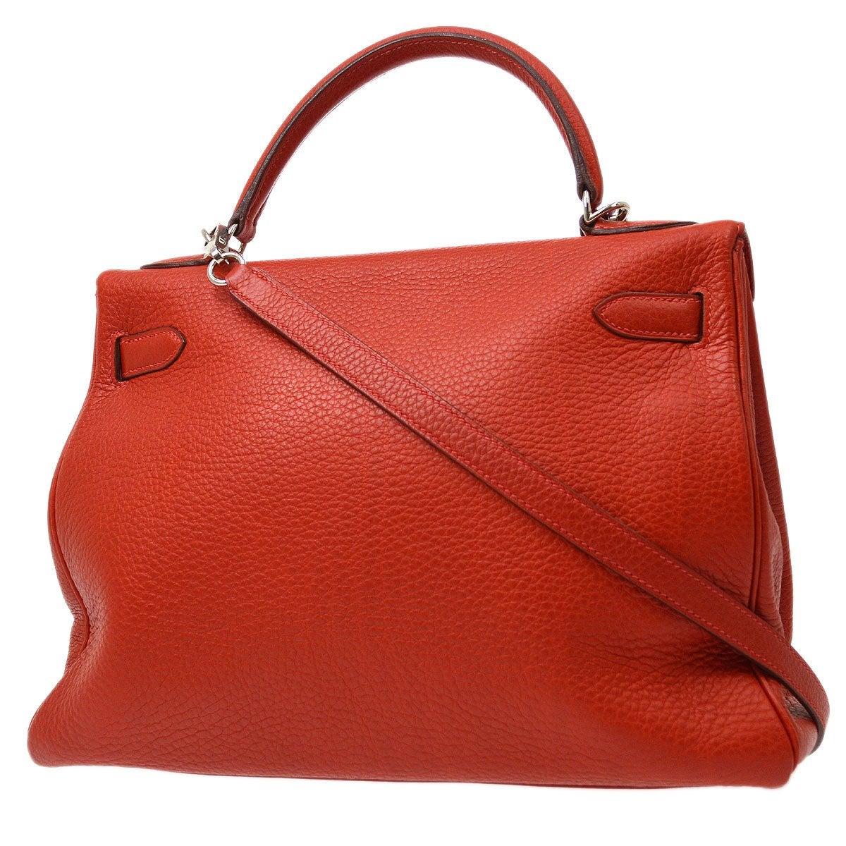 HERMES Kelly 32 Retourne Red Leather Palladium Top Handle Shoulder Tote Bag In Good Condition In Chicago, IL