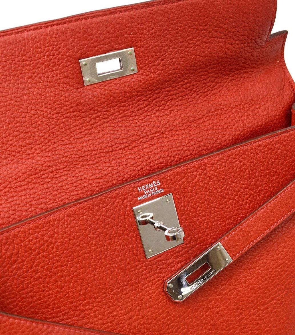 HERMES Kelly 32 Retourne Red Leather Palladium Top Handle Shoulder Tote Bag 1