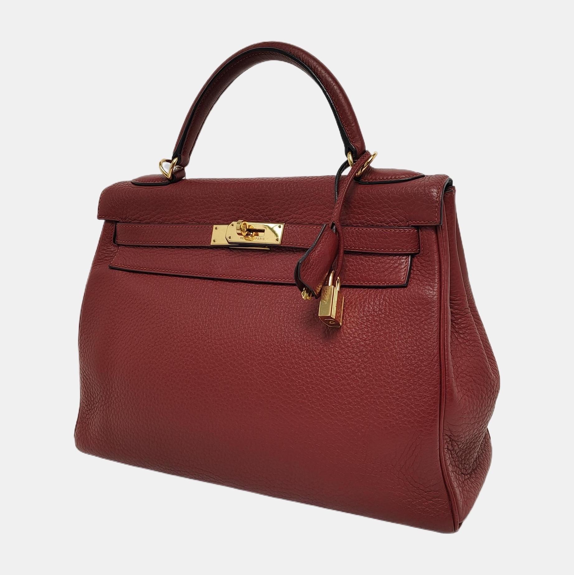 Hermes Kelly 32 Retourne Rouge H Burgundy Clemence Leder Doppelring Gold HW 2 (Braun)