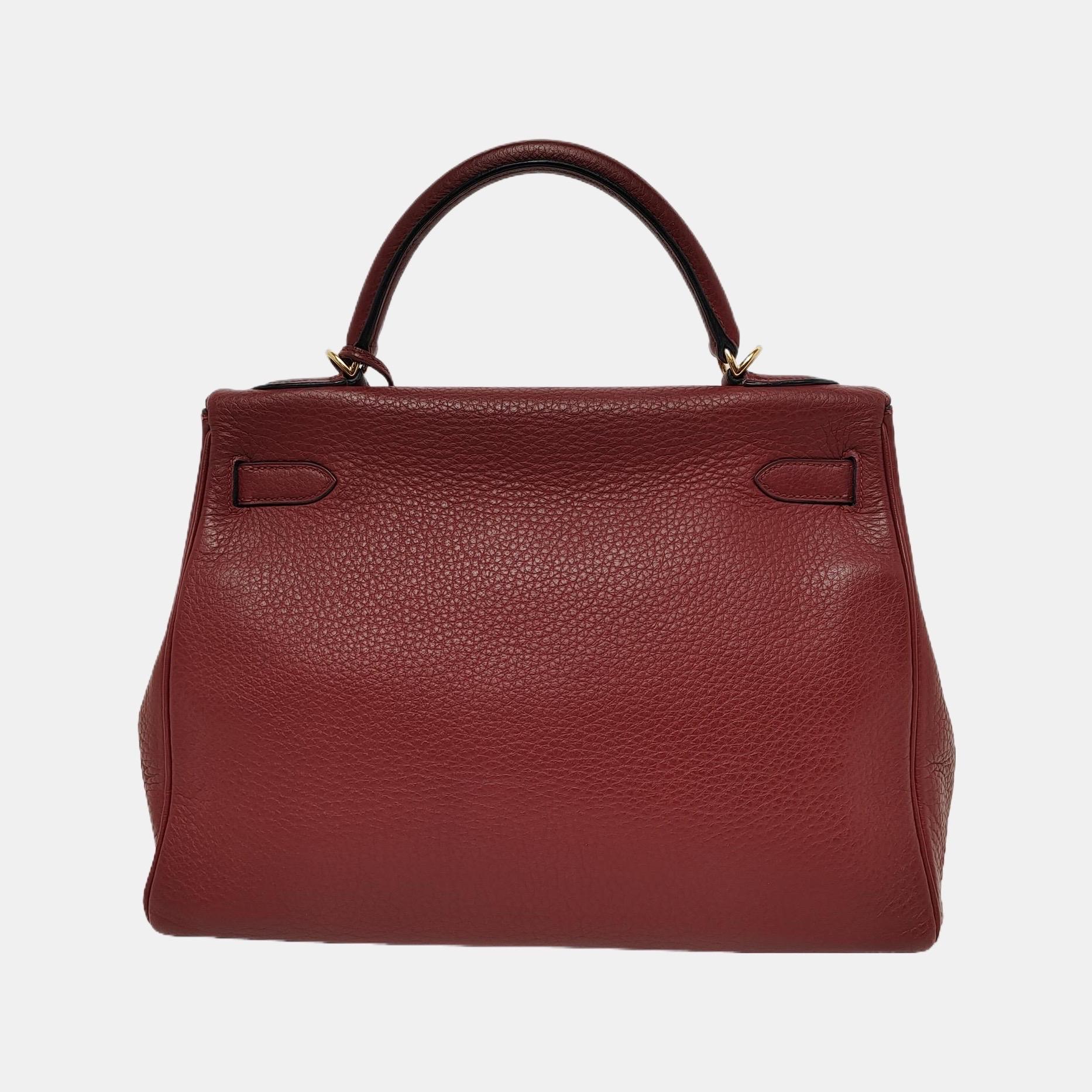 Hermes Kelly 32 Retourne Rouge H Burgundy Clemence Leder Doppelring Gold HW 2 im Zustand „Hervorragend“ in AUBERVILLIERS, FR