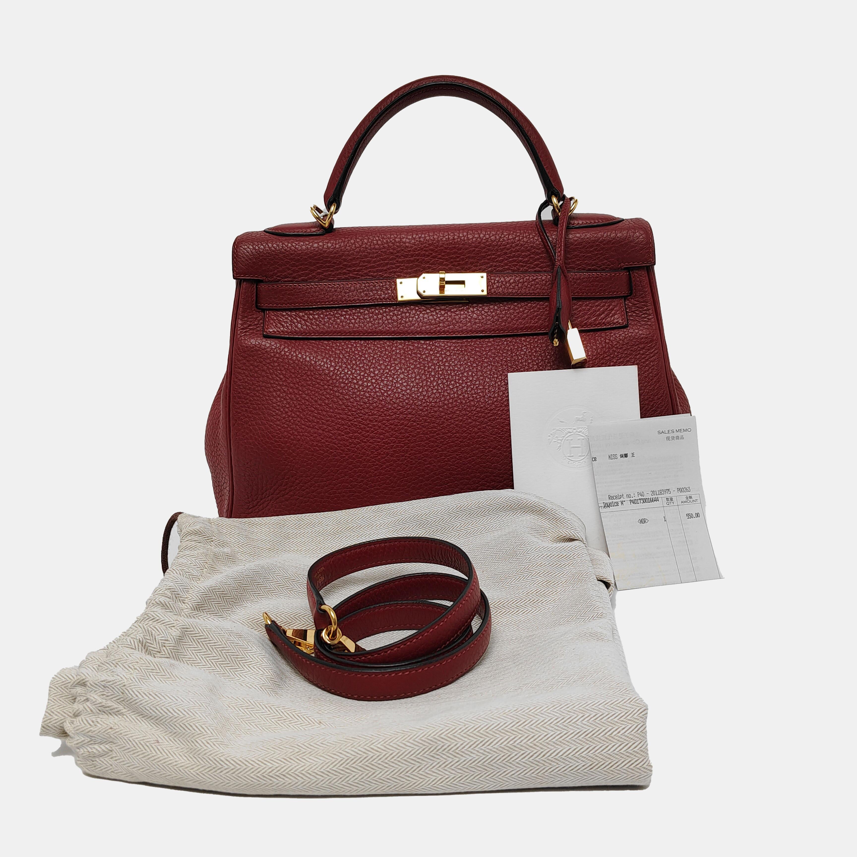 Hermes Kelly 32 Retourne Rouge H Burgundy Clemence Leder Doppelring Gold HW 2 2