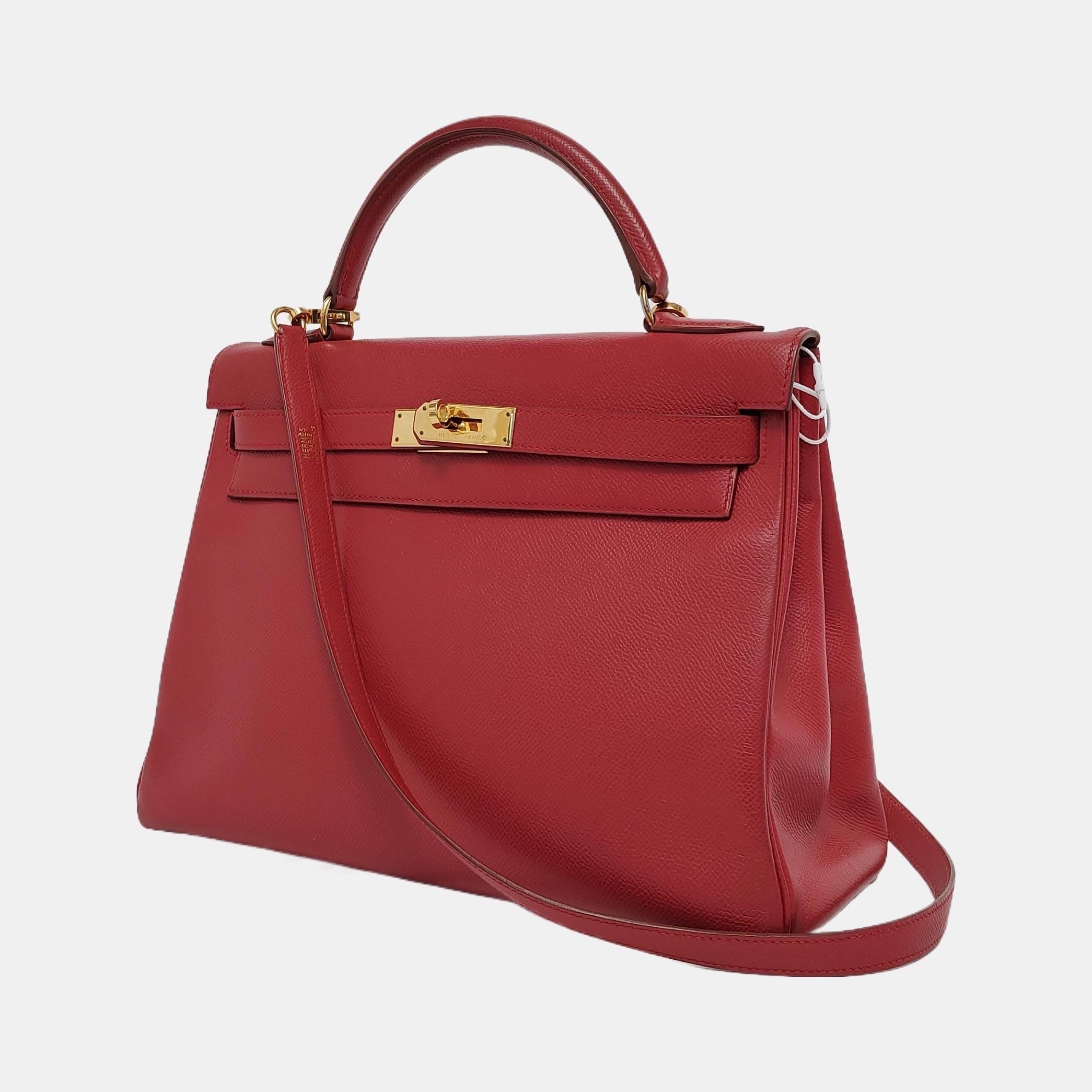 Brown Hermes Kelly 32 Retourne Rouge Vif Red Epsom Leather Gold Hardware 1997
