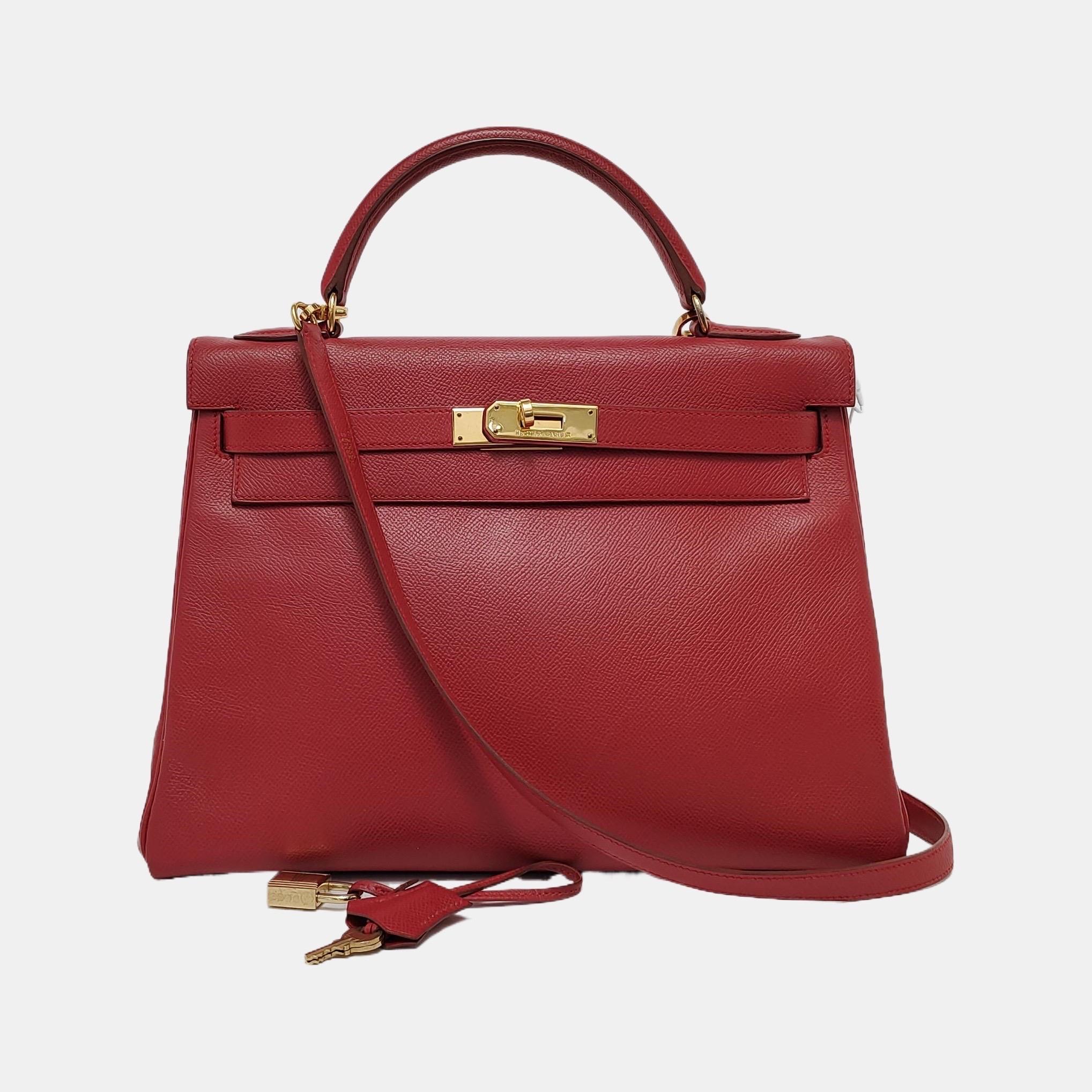 Hermes Kelly 32 Retourne Rouge Vif Red Epsom Leather Gold Hardware 1997 In Good Condition In AUBERVILLIERS, FR
