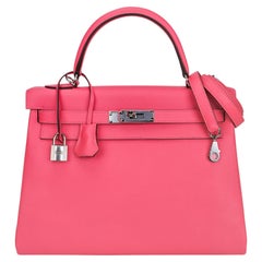 Hermes Kelly 32 Rose Azalee Bag Palladium Hardware Evercolor Leather